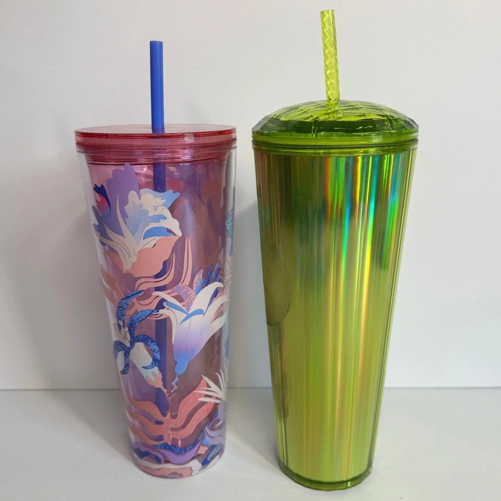 Starbucks Tumbler Set 24oz Floral Purple & Iridescent Lime Green Excellent Venti